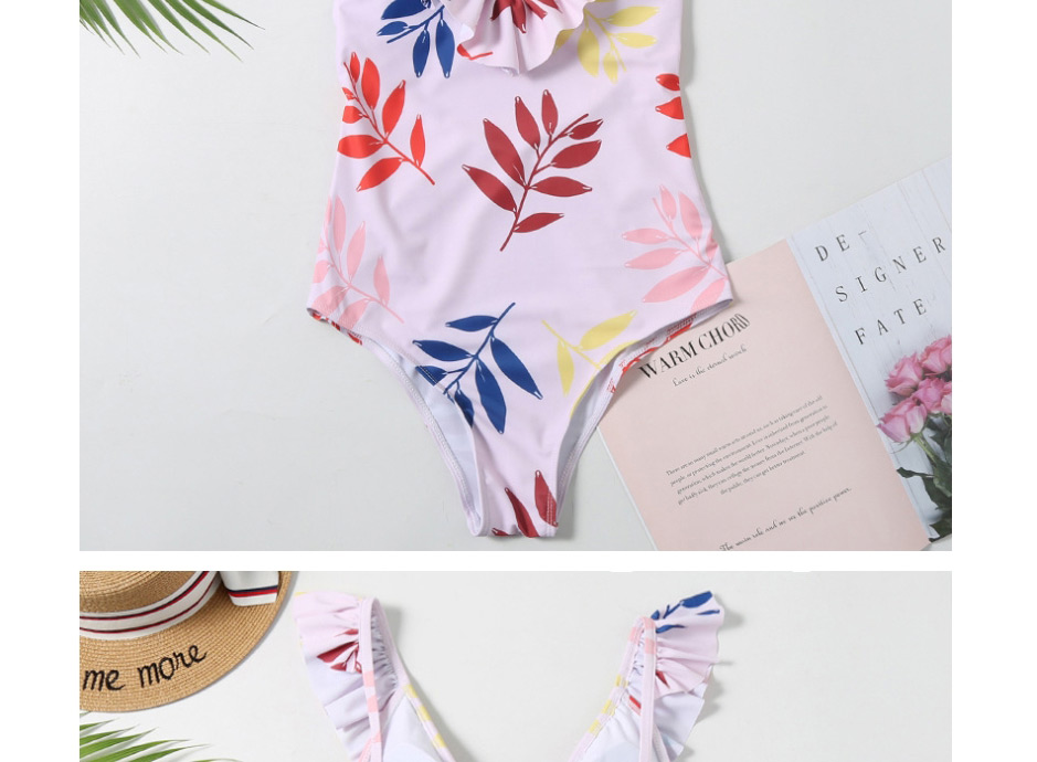 Fashion Foundation Leaves V-neck Triangle Print Backless One-piece Swimsuit,One Pieces