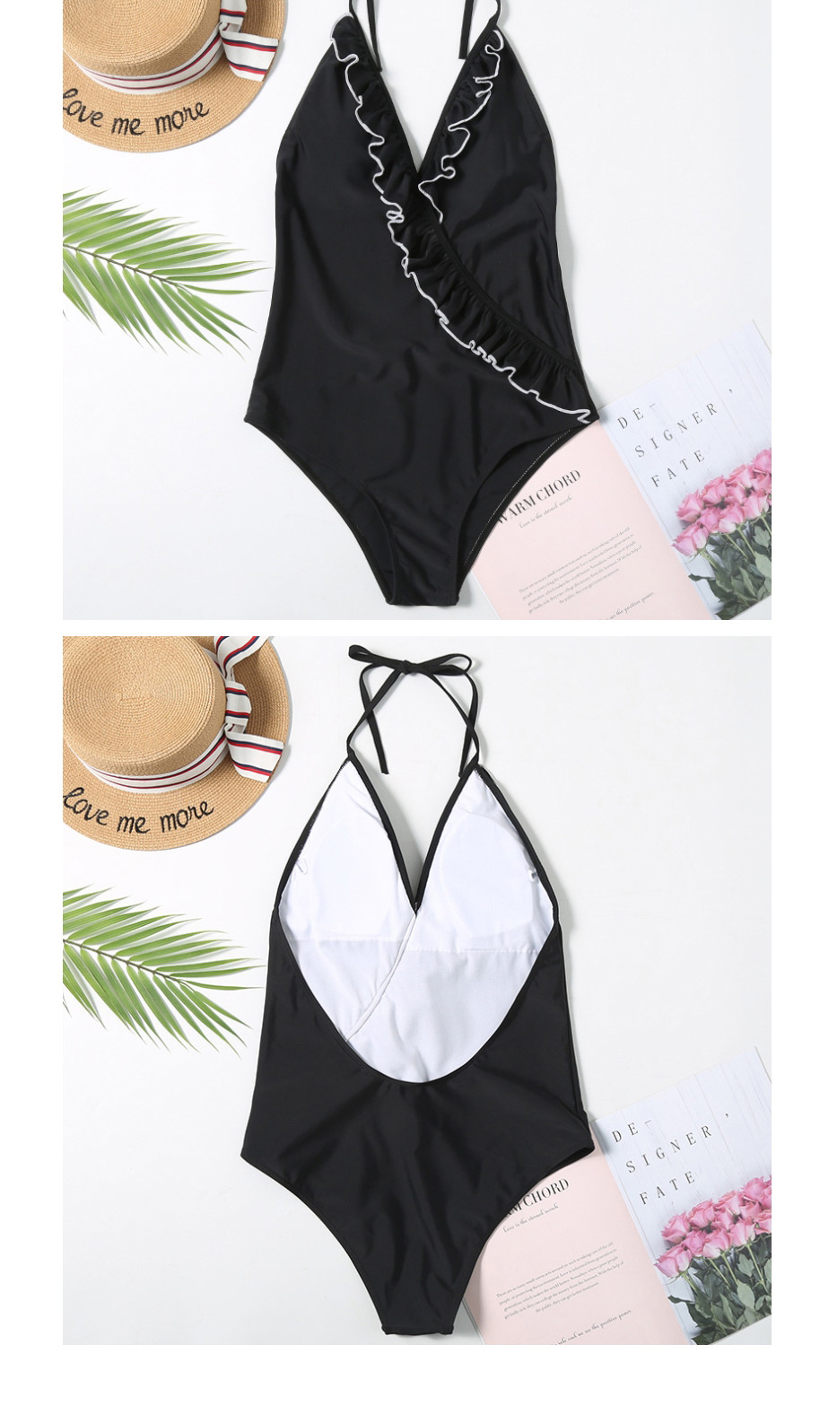 Fashion Black V Triangle Print Backless One-piece Swimsuit,One Pieces