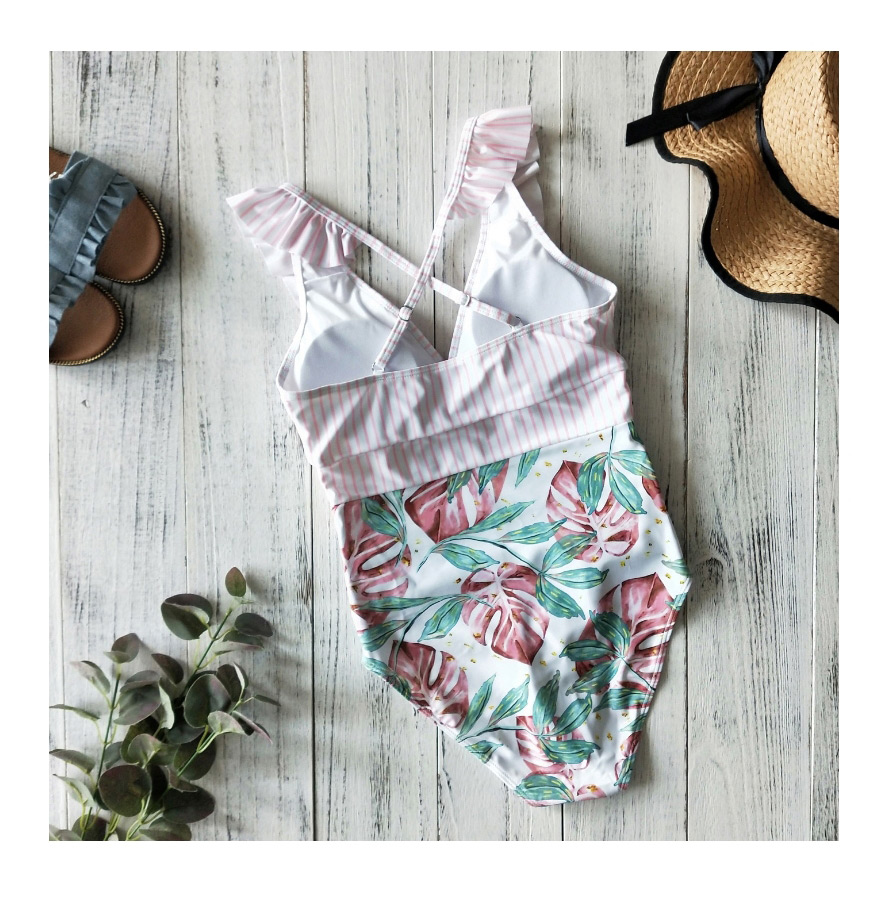 Fashion Pink And White Stripes + Pink Turtle Leaf Print On White Ruffled Striped Polka Dot One-piece Swimsuit,One Pieces