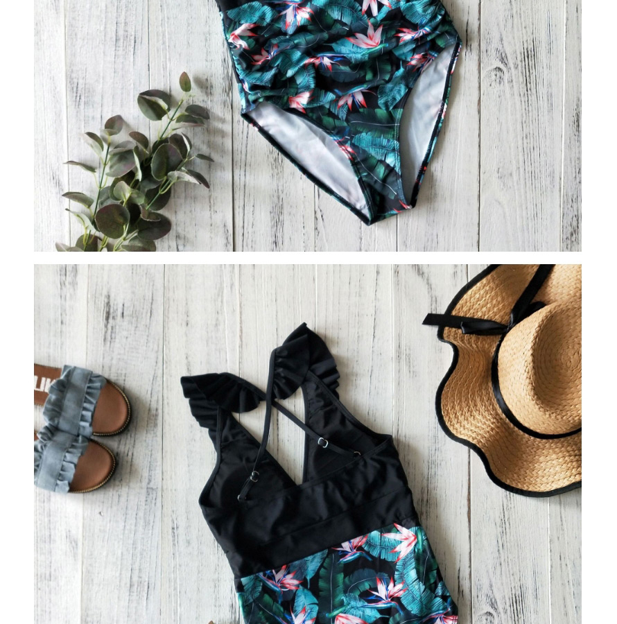 Fashion Black + Green Leaf Pink Water Lily Ruffled Striped Polka Dot One-piece Swimsuit,One Pieces