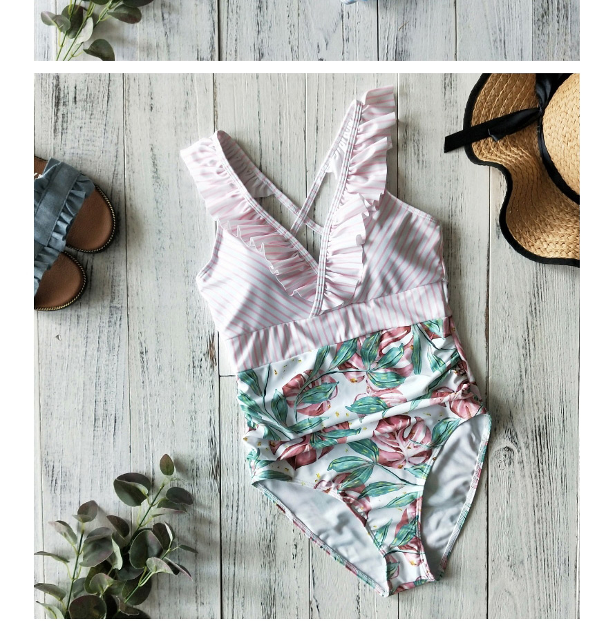 Fashion Pink And White Stripes + Pink Turtle Leaf Print On White Ruffled Striped Polka Dot One-piece Swimsuit,One Pieces