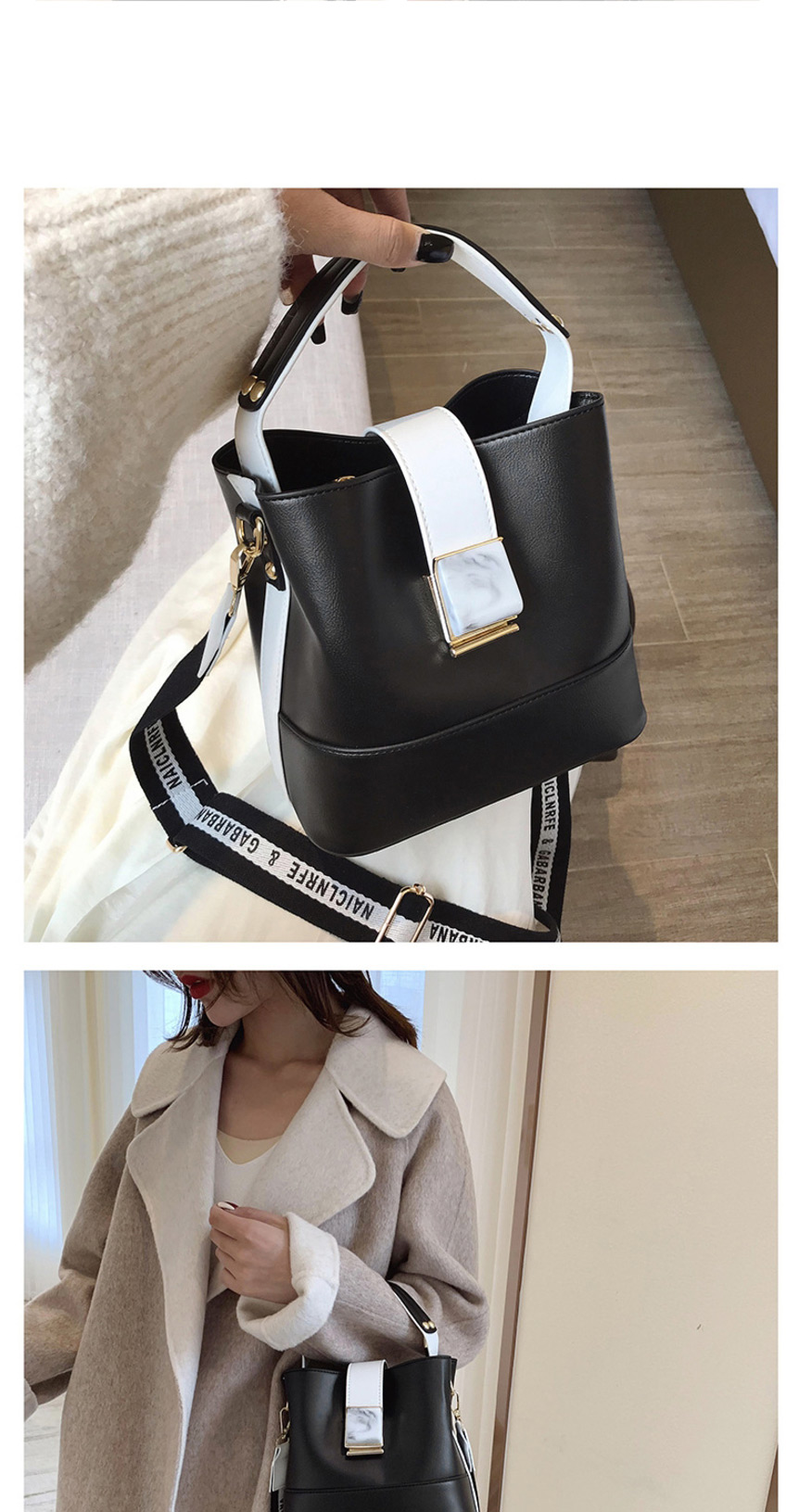 Fashion Black Contrast Stitching Wide Shoulder Strap Shoulder Bag,Shoulder bags