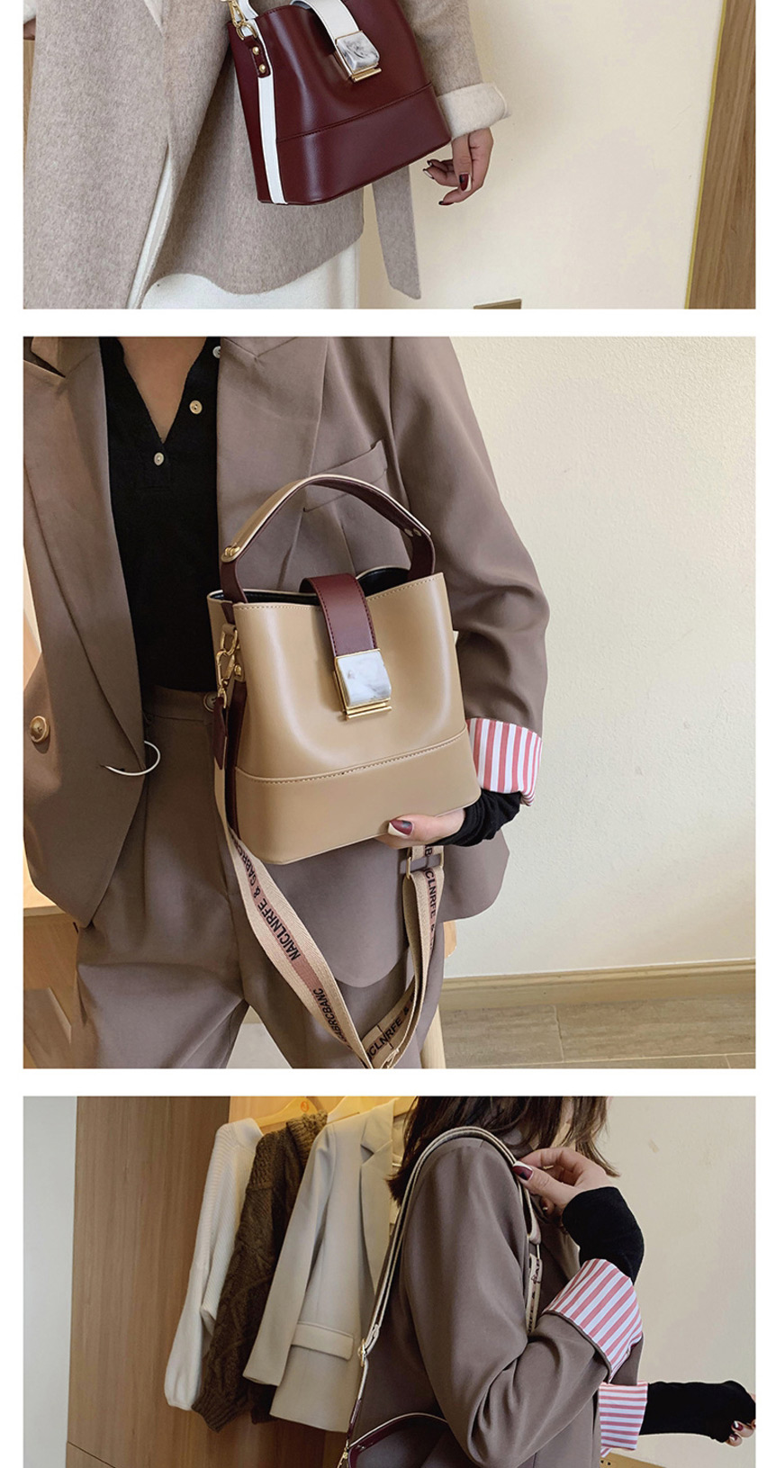 Fashion Khaki Contrast Stitching Wide Shoulder Strap Shoulder Bag,Shoulder bags