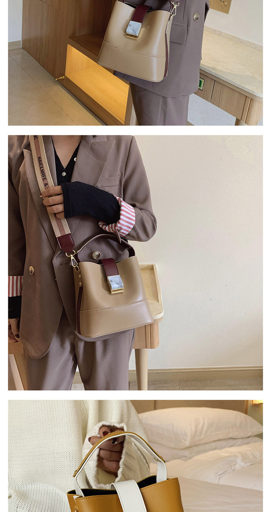 Fashion Khaki Contrast Stitching Wide Shoulder Strap Shoulder Bag,Shoulder bags