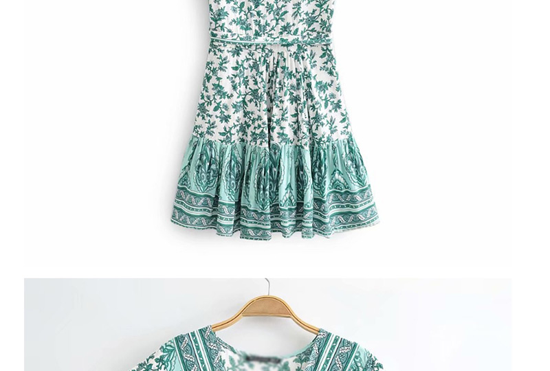Fashion Green V-neck Cotton Flower Print Dress,Mini & Short Dresses