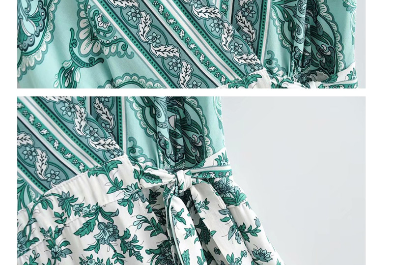 Fashion Green V-neck Cotton Flower Print Dress,Mini & Short Dresses