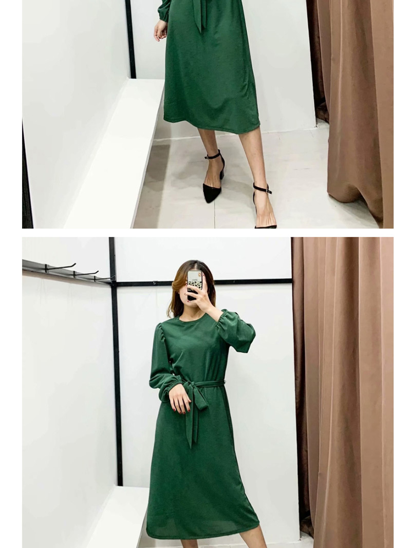 Fashion Dark Green Knit Dress With Belt,Long Dress