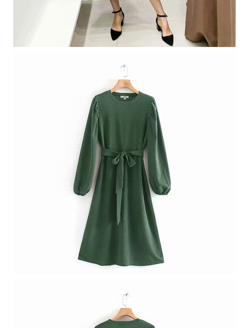 Fashion Dark Green Knit Dress With Belt,Long Dress