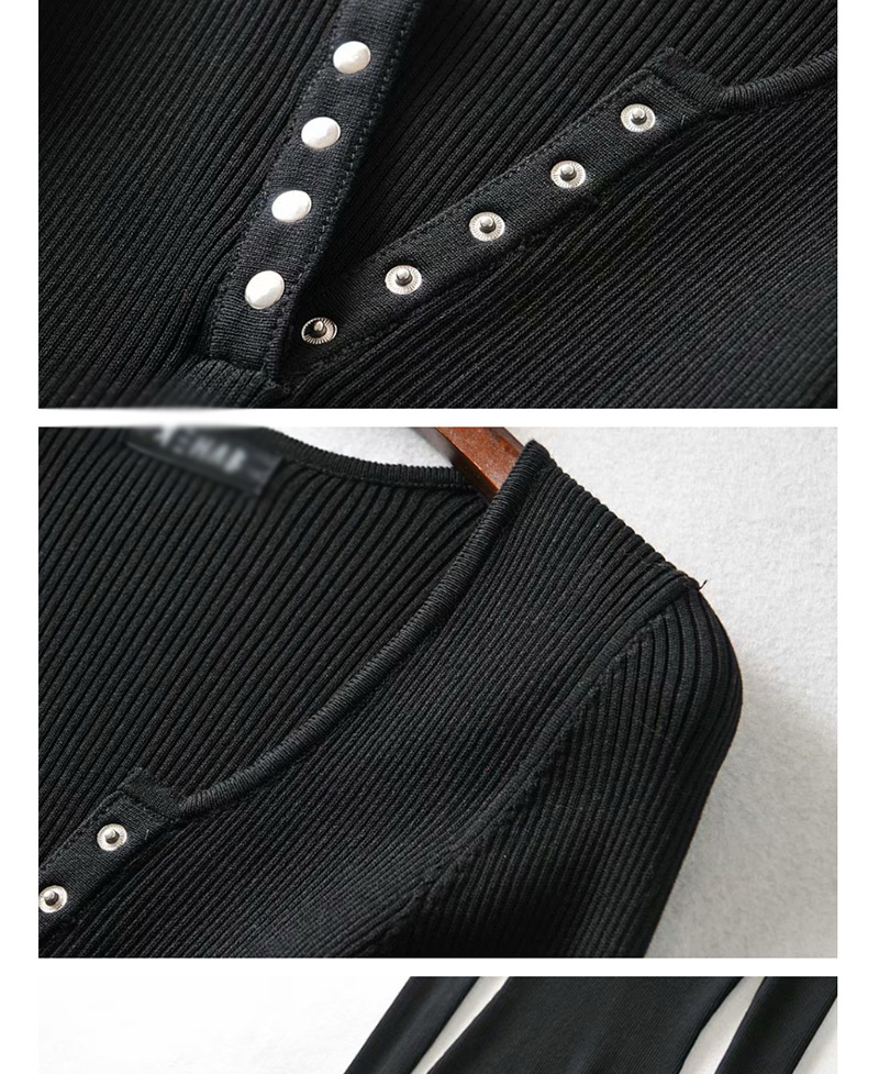 Fashion Black Threaded V-neck 5-button Dress,Long Dress