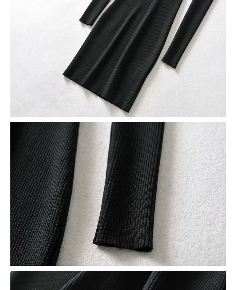 Fashion Black Threaded V-neck 5-button Dress,Long Dress