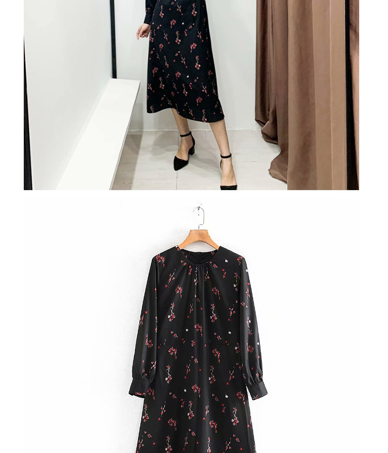 Fashion Black Flower Print Crepe Dress,Long Dress