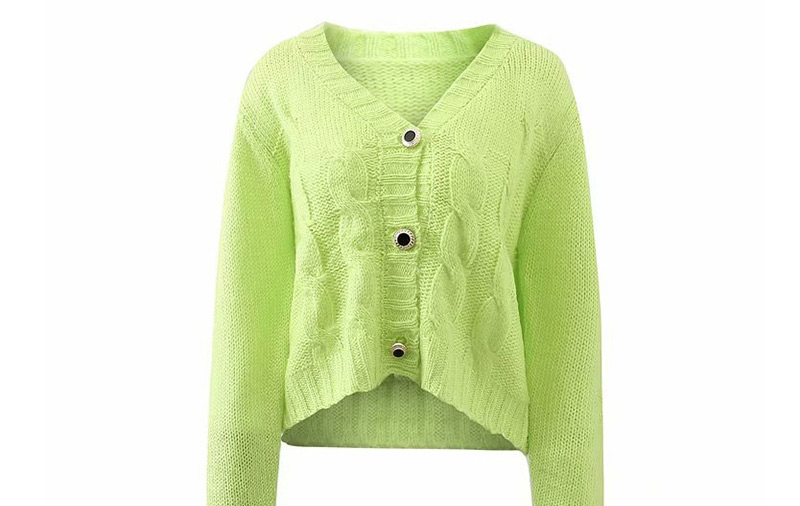 Fashion Green Solid Color V-neck Single Breasted Knit Sweater,Sweater