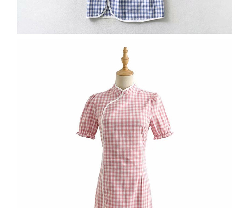 Fashion Blue Check Print Cheongsam Dress,Mini & Short Dresses