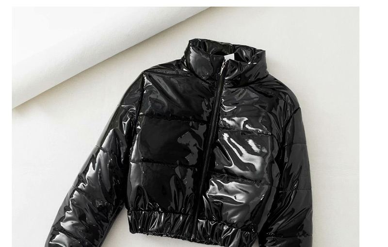 Fashion Black Off-waist Short Front Zip Faux Patent Leather Coat,Coat-Jacket