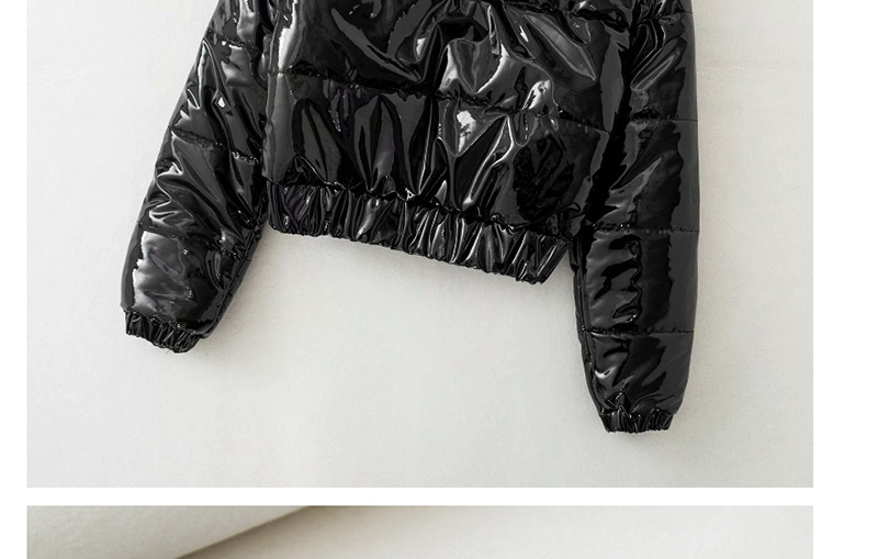 Fashion Black Off-waist Short Front Zip Faux Patent Leather Coat,Coat-Jacket