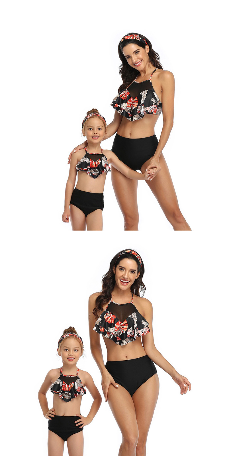 Fashion Up Black Down Black Flower Print Stitching Double Lotus Leaf Parent-child Bikini Adult,Kids Swimwear