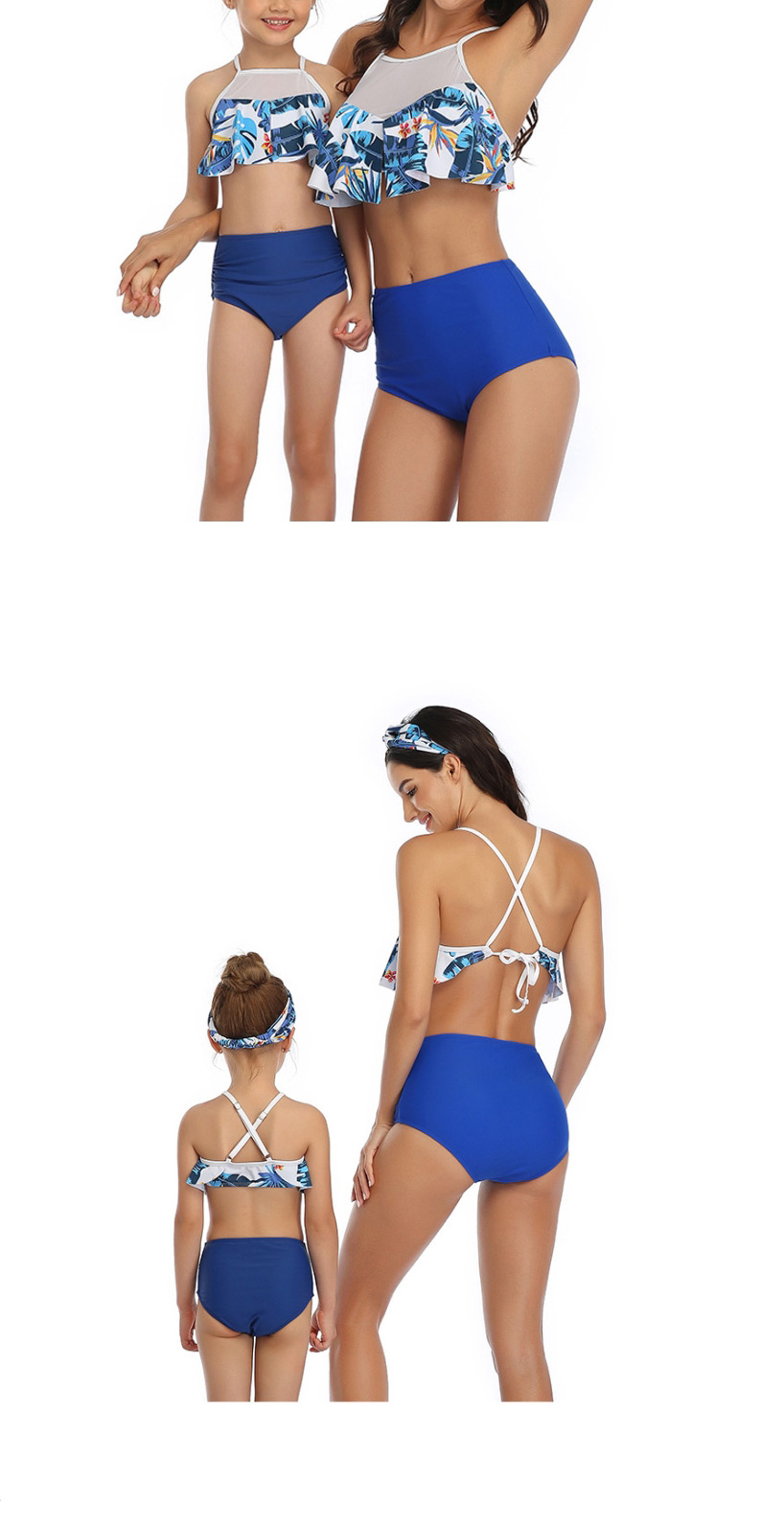 Fashion Coconut On The Blue Print Stitching Double Lotus Leaf Parent-child Bikini Adult,Kids Swimwear