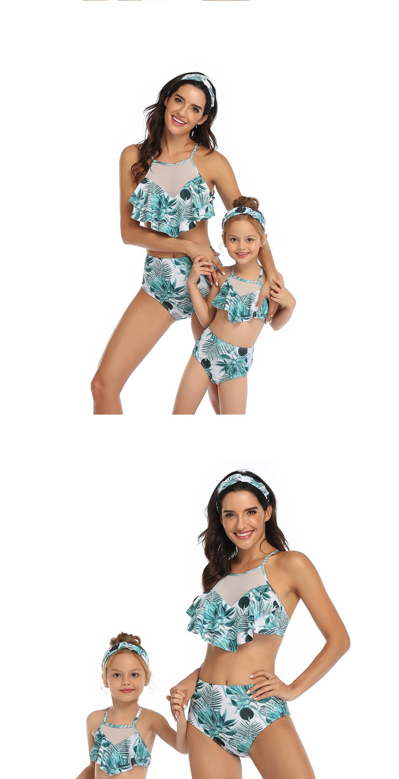 Fashion Blue Flowers And Blue Pants Print Stitching Double Lotus Leaf Parent-child Bikini Adult,Kids Swimwear