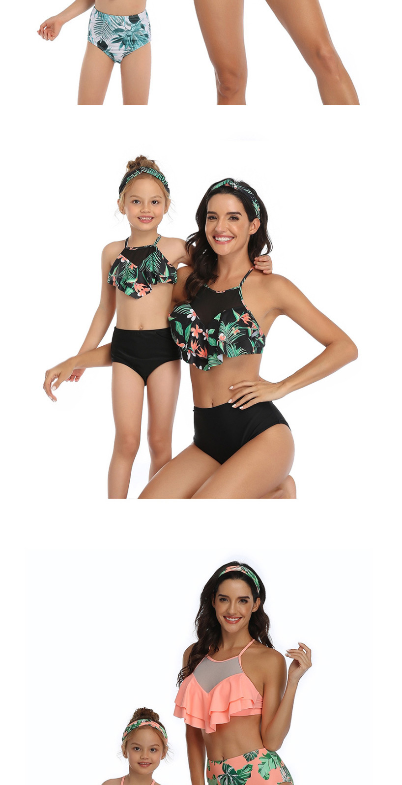Fashion Up Flower Down Flower Print Stitching Double Lotus Leaf Parent-child Bikini Adult,Kids Swimwear