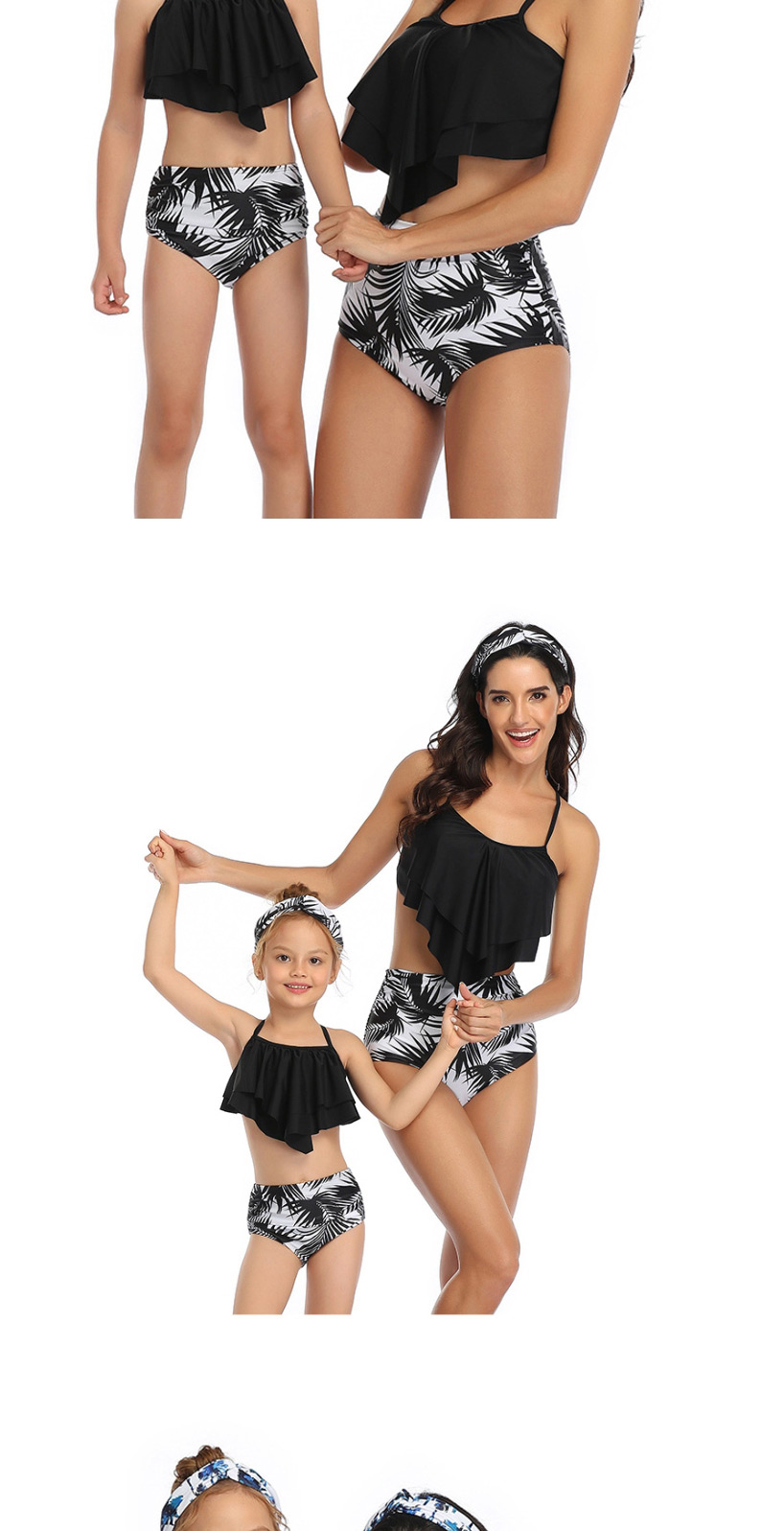Fashion On The Black Flowers Print Stitching Double Lotus Leaf Parent-child Bikini Adult,Kids Swimwear