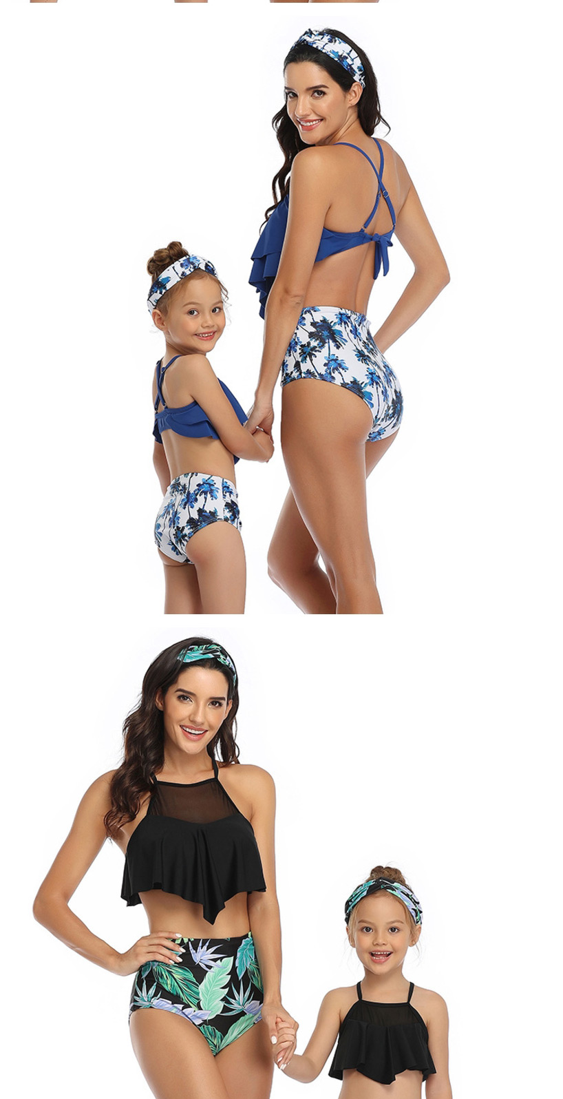 Fashion Coconut On The Blue Printed Stitching Double Lotus Leaf Parent-child Bikini Children,Kids Swimwear