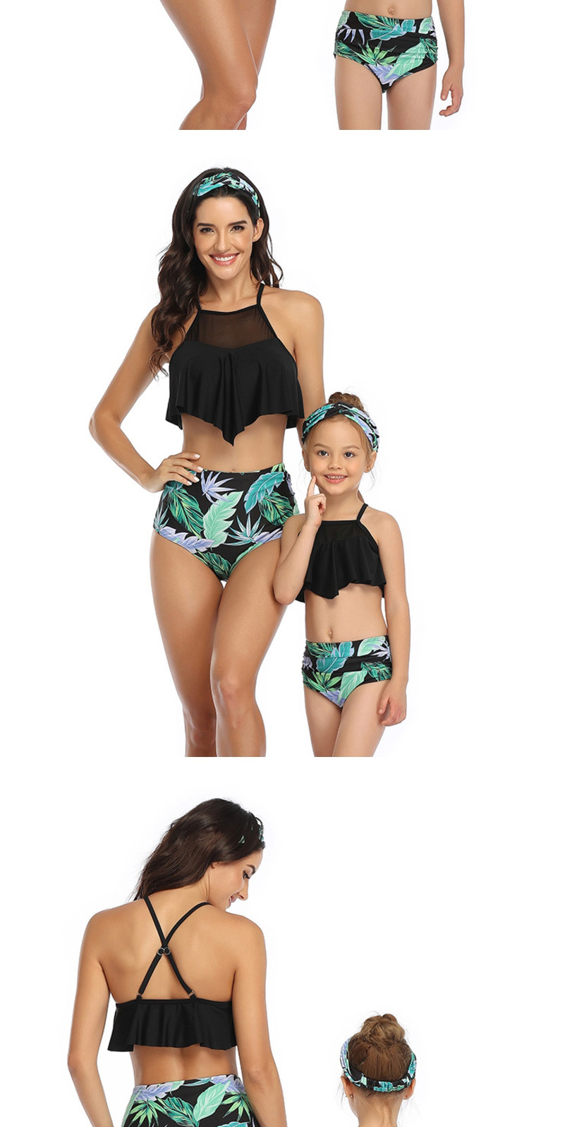 Fashion Flowers On Black Print Stitching Double Lotus Leaf Parent-child Bikini Adult,Kids Swimwear