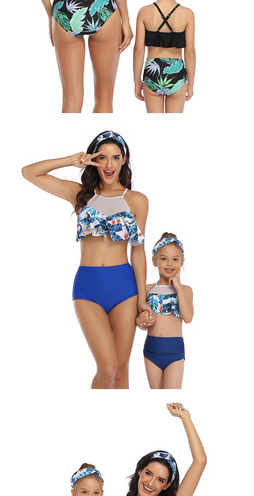 Fashion Blue Flowers And Blue Pants Print Stitching Double Lotus Leaf Parent-child Bikini Adult,Kids Swimwear