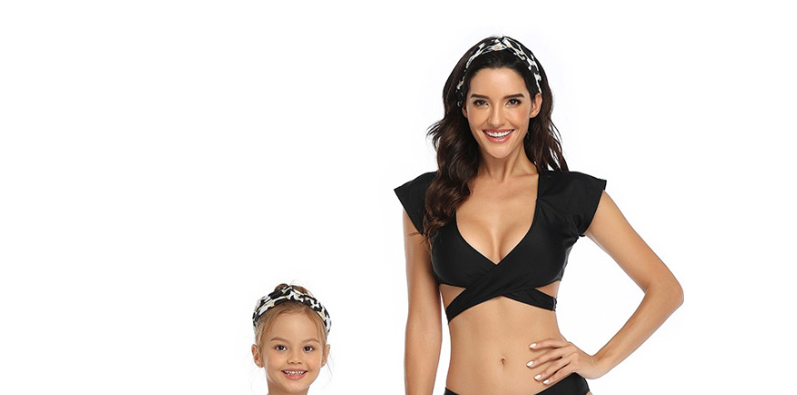 Fashion Black Leopard Print Cross Strap Sports Bikini Three Piece Set For Children,Kids Swimwear