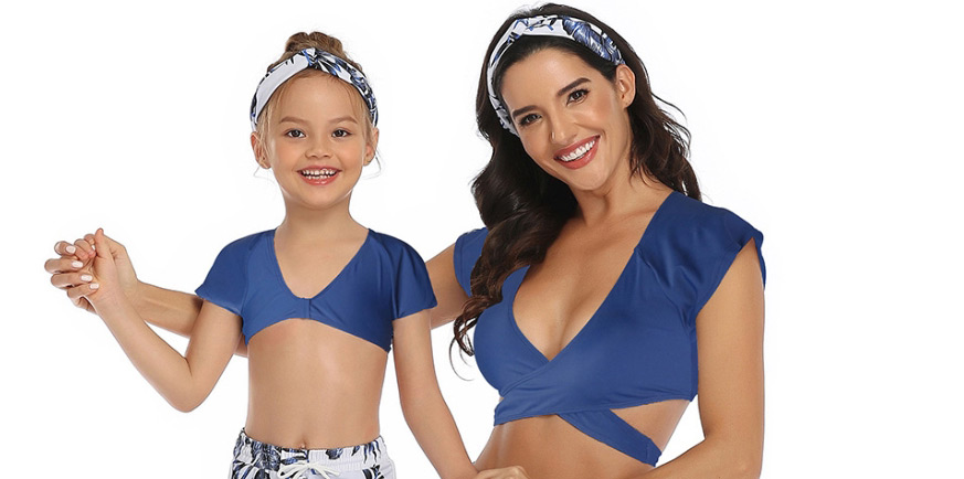 Fashion Blue Print Cross Strap Sports Bikini Three Piece Set For Children,Kids Swimwear