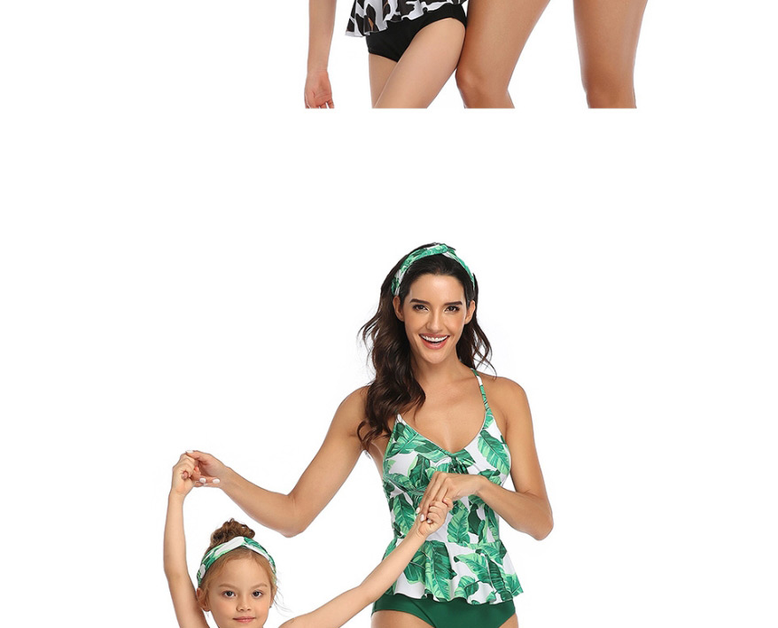 Fashion Green Leaf Siamese Printed Knotted Parent-child One-piece Swimsuit For Children,Kids Swimwear