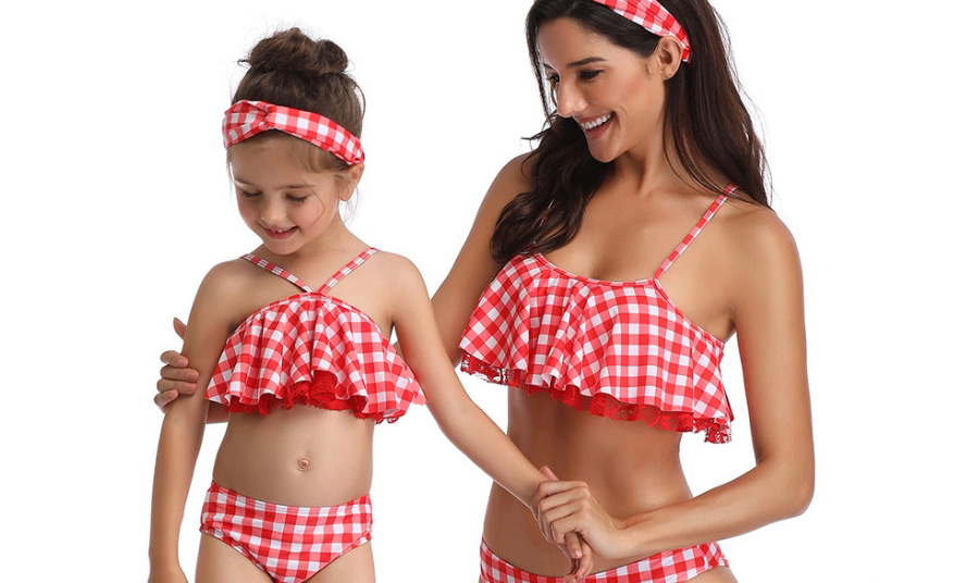 Fashion Red Grid Check Print Ruffle Fringe Fringe Bikini Children,Kids Swimwear