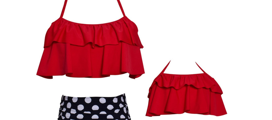Fashion Red Lotus Leaf Printed High Waist Parent-child Bikini,Kids Swimwear