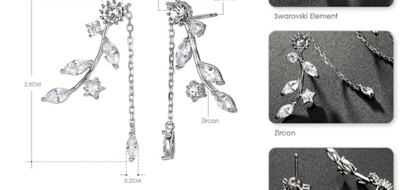 Fashion Silver Leaf  Silver Micro Set Zircon Stud Earrings,Drop Earrings