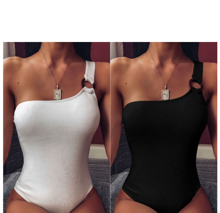 Fashion Black One Shoulder Ring One Piece Swimsuit,One Pieces
