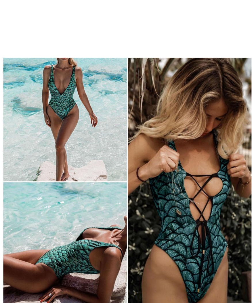 Fashion Green Bandage Fish Scale Print One-piece Swimsuit,One Pieces