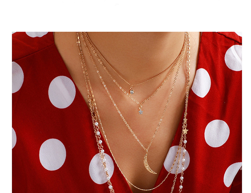 Fashion Golden Multi-layer Necklace With Diamonds: Pearls And Stars,Multi Strand Necklaces