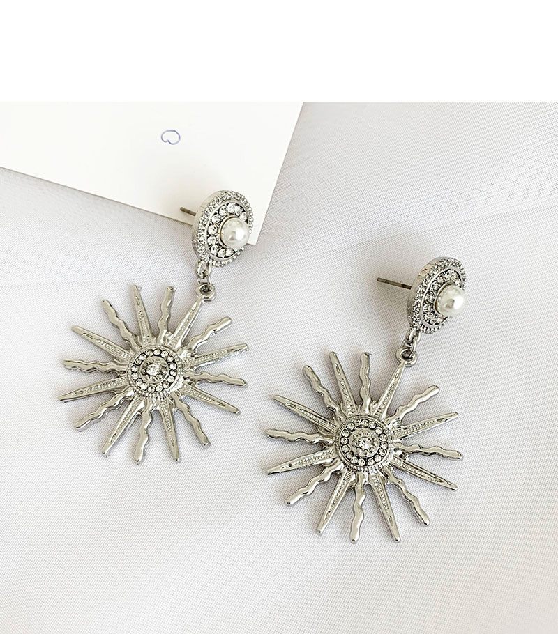 Fashion Silver Alloy Diamond Pearl Sun Flower Stud Earrings,Drop Earrings