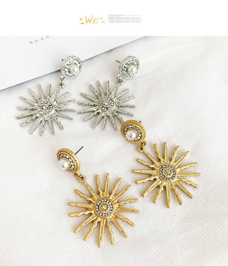 Fashion Silver Alloy Diamond Pearl Sun Flower Stud Earrings,Drop Earrings