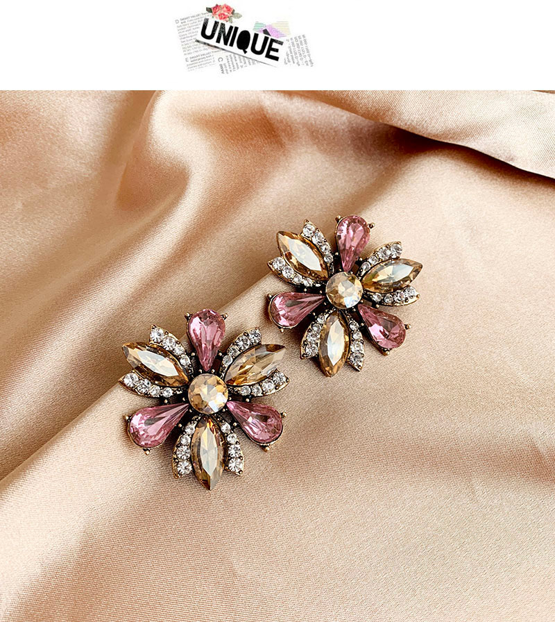 Fashion Champagne Alloy Diamond Flower Stud Earrings,Stud Earrings