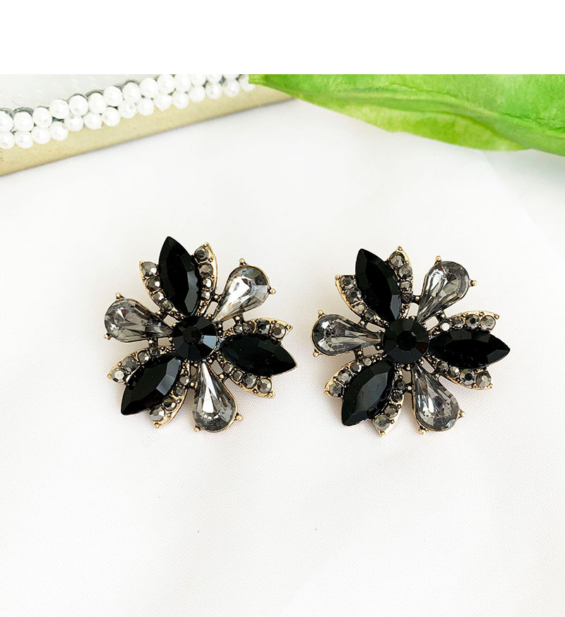Fashion Black Alloy Diamond Flower Stud Earrings,Stud Earrings