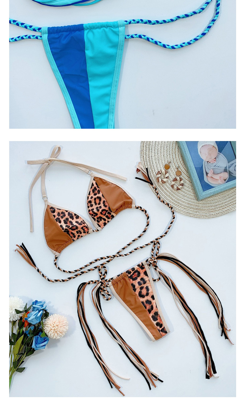 Fashion 6022 Leopard Leopard Woven Rope Contrast Stitching Straps Tassel Triangle Bag Split Swimsuit,Bikini Sets
