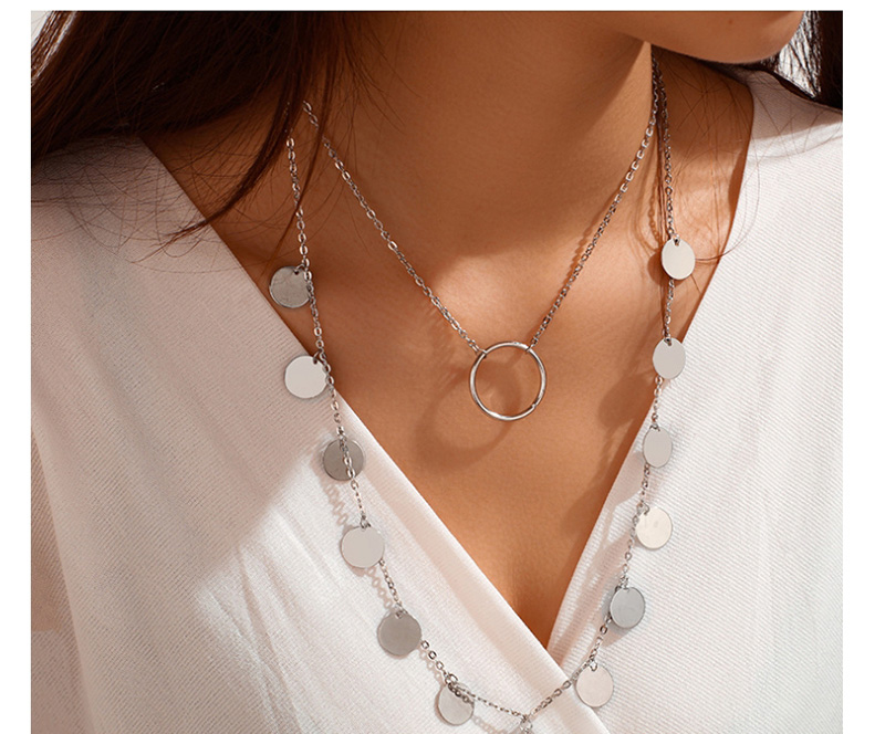 Fashion Silver Alloy Disc Large Circle Multilayer Necklace,Multi Strand Necklaces