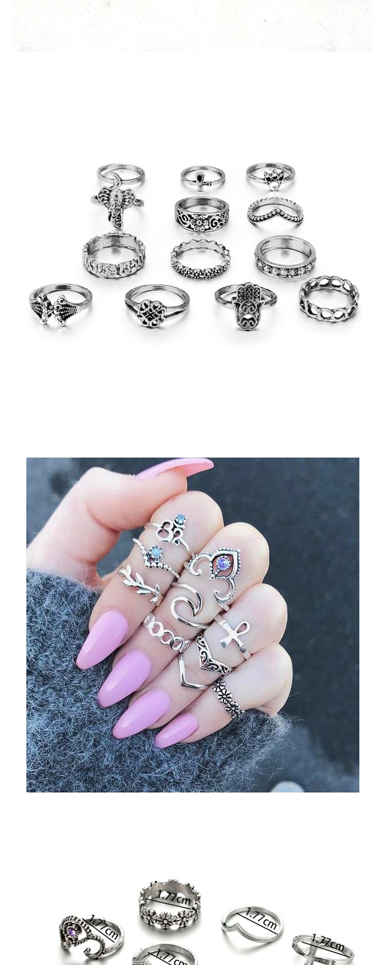 Fashion Silver Elephant Feather Crown Leaf Glass Bead Rings Set,Rings Set
