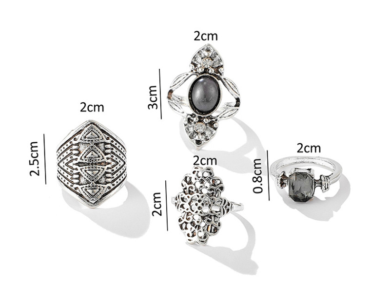 Fashion Silver Hollow Carved Gray Stone And Diamond Geometric Ring Set,Rings Set