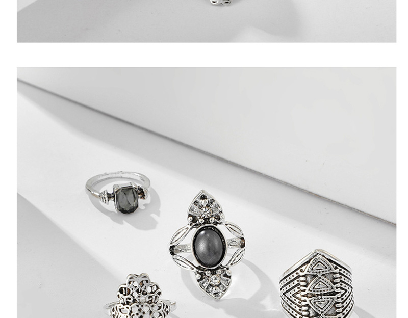 Fashion Silver Hollow Carved Gray Stone And Diamond Geometric Ring Set,Rings Set