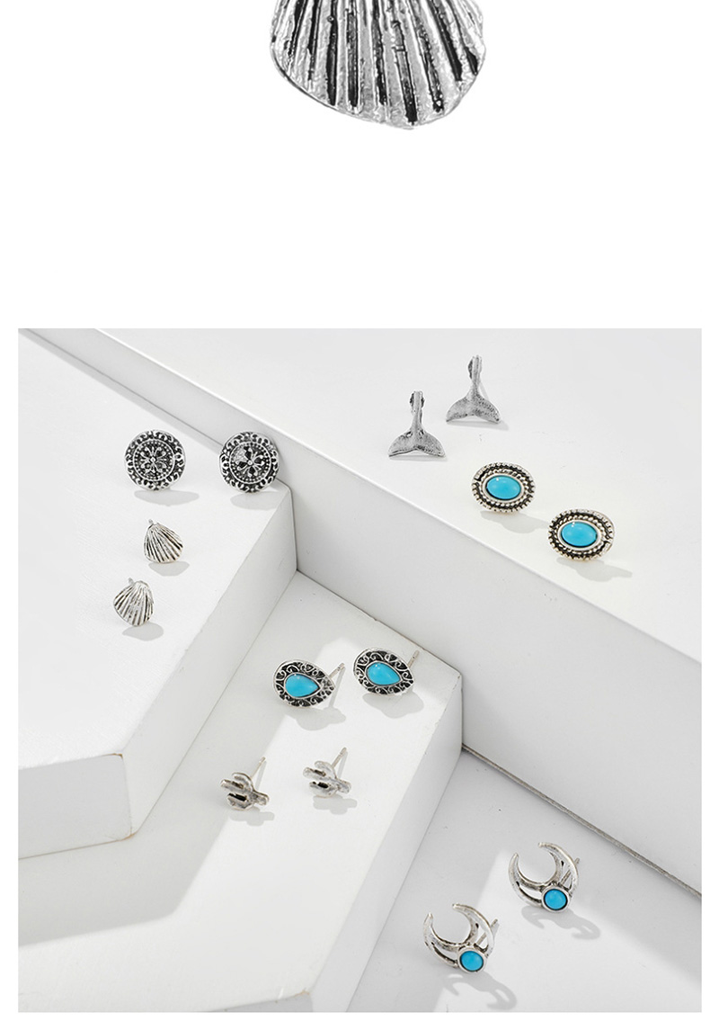 Fashion Silver Sapphire Fishtail Crescent Cactus Scallop Earrings Set,Earrings set
