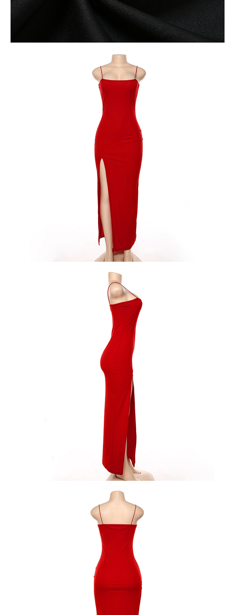 Fashion Rose Red Slit-neck Open-back Split Dress,Long Dress