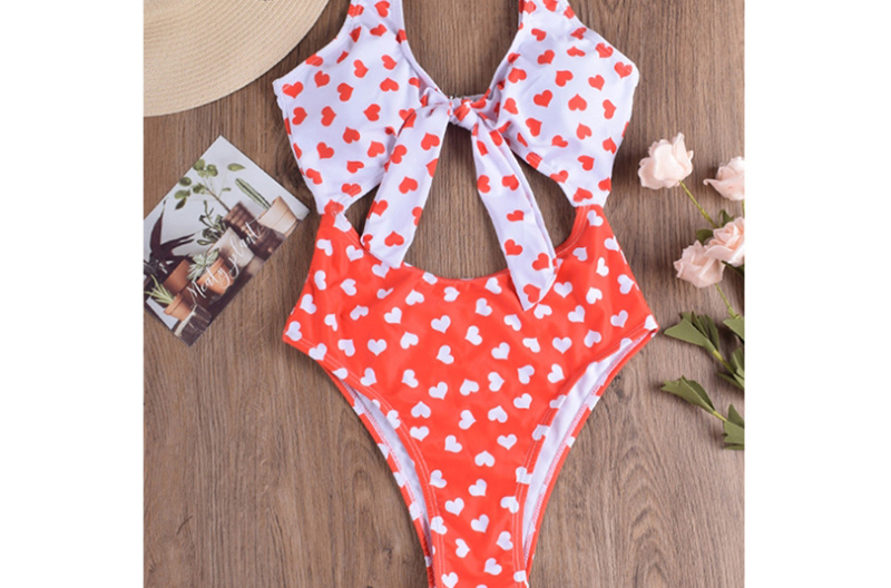 Fashion White Love Printing Stitching Knotted Conjoined Bikini,One Pieces