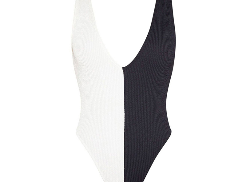 Fashion Black And White V-neck Stitching Conjoined Swimwear,One Pieces