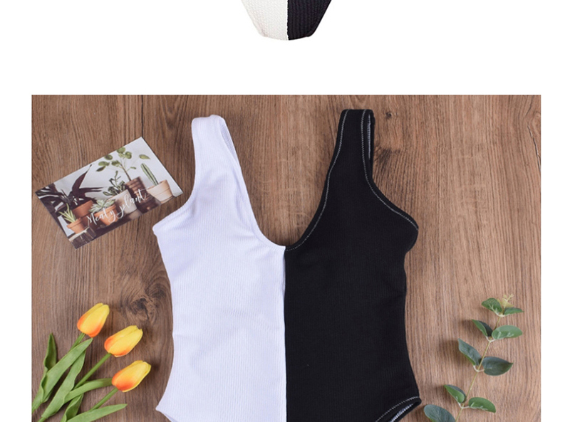 Fashion Black And White V-neck Stitching Conjoined Swimwear,One Pieces